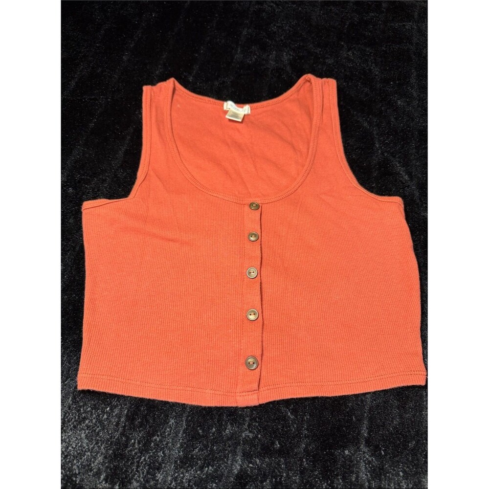 Bozzolo Orange Ribbed Knit Button-Front Scoop Neck Cropped Tank Medium